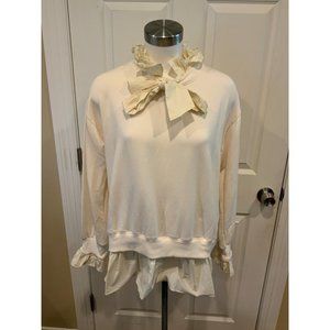 Selkie Cream Ruffle Trim Tie Neck Sweatshirt, Size XS